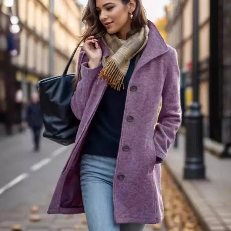 

2026 NEW Autumn Winter Thick Wool Women's Mid-Length Coat Solid Color Long Sve Single Breasted Button