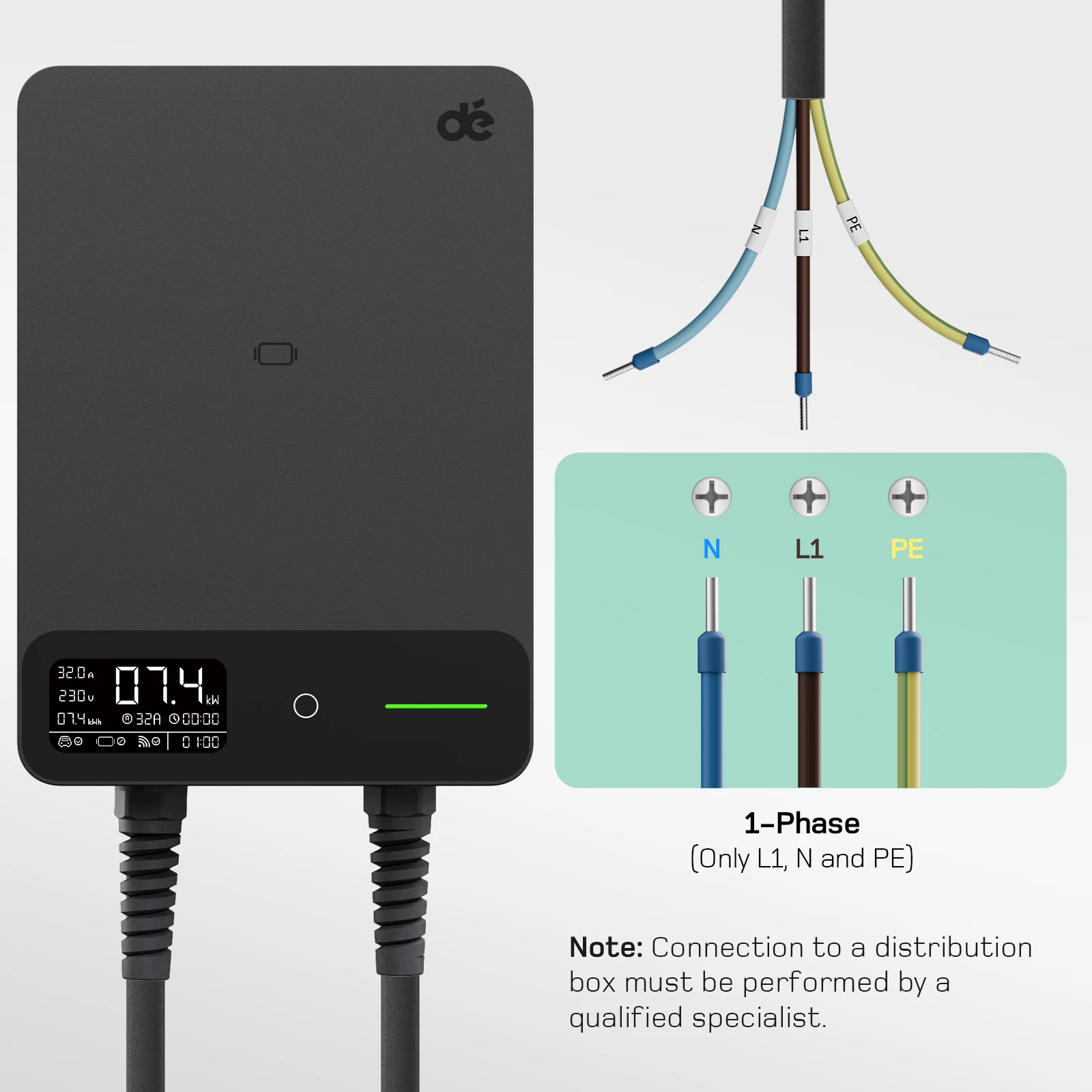 dé 7kW Wallbox Single Phase 400V 32A Home Laadstation 7,5 m Oplaadkabel Type 2 EV Oplader met elektriciteitsmeter