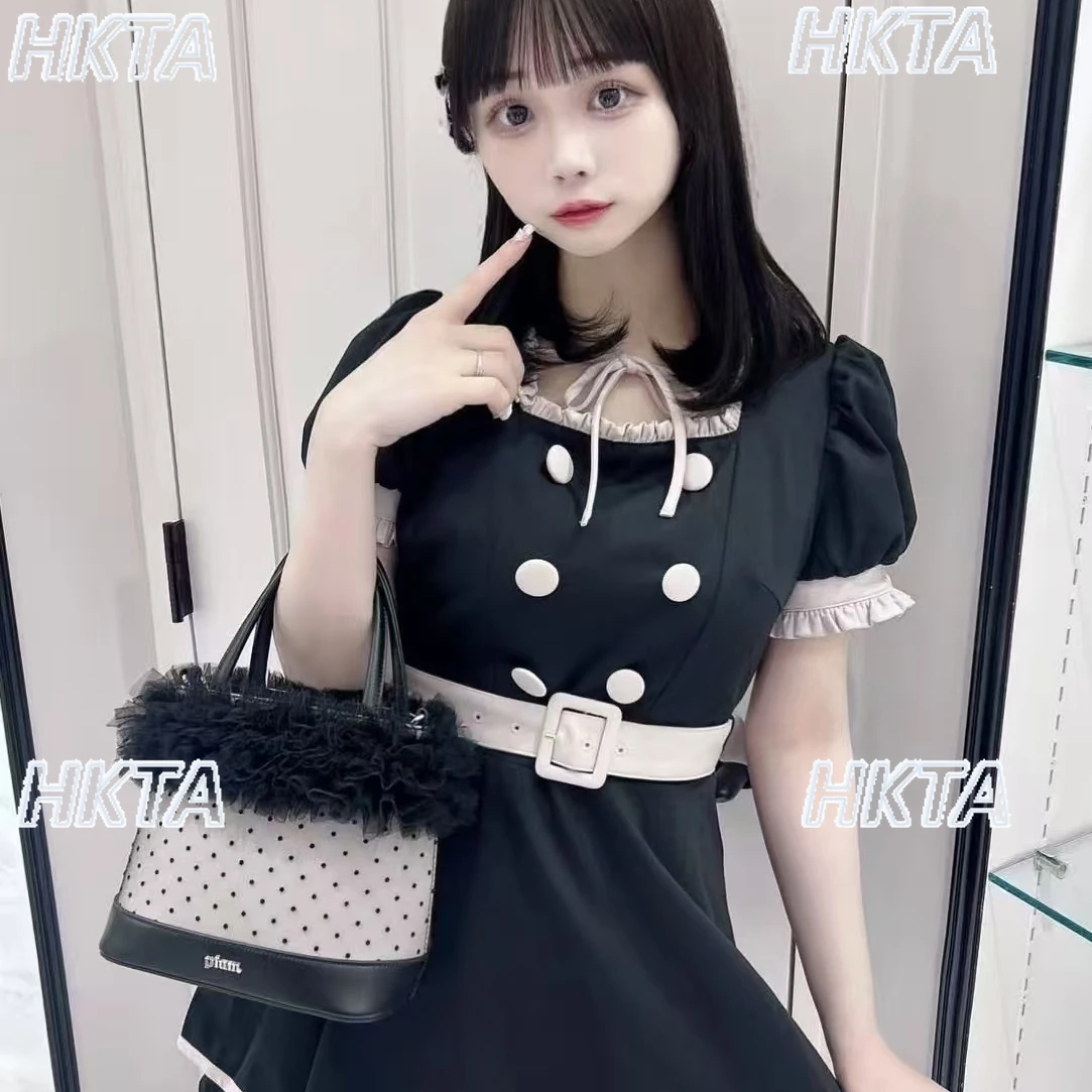 2025 New Japanese Style Lace-Up Buttoned Dress Shorts Set Turn-Down Collar Puff Short Sleeves 2-Piece Sets Women Casual Outfits