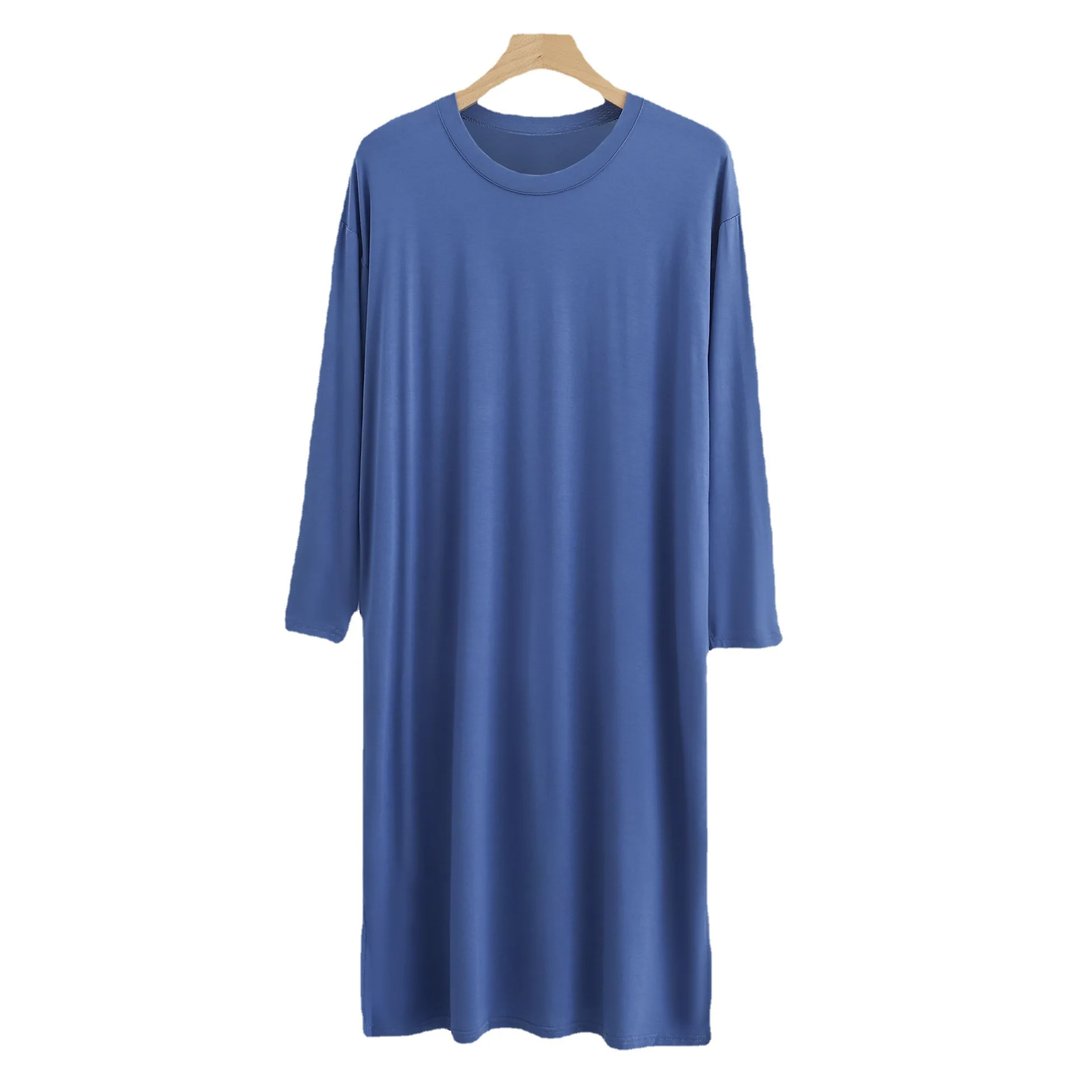 Modal Men's Round Neck Long Sleeve Nightgown Sleepwear Clothes Mid-long Knee Length Soft and Comfortable Nightwear Dresses