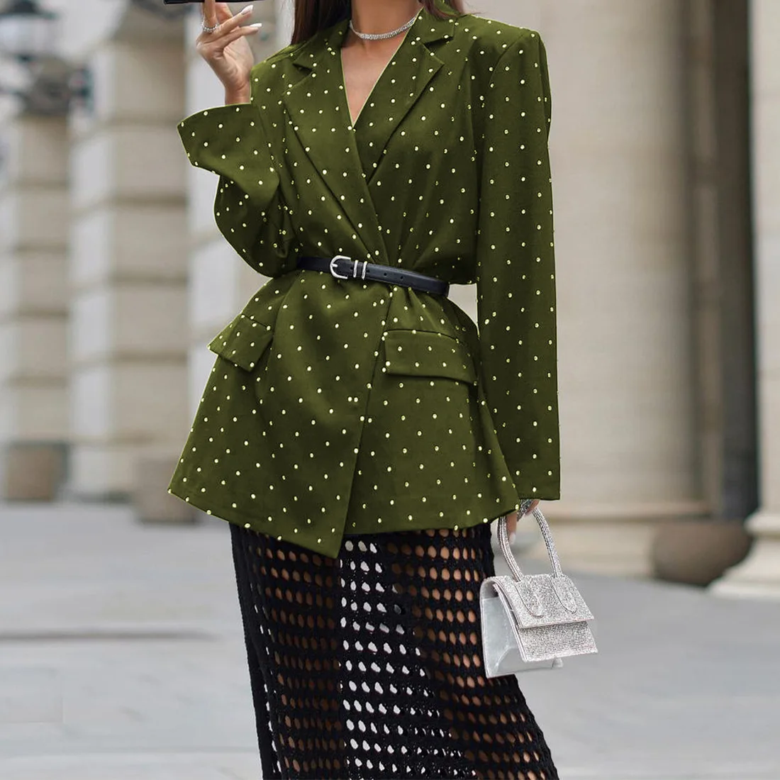 

2025 Spring Fashion Women Polka Dot Print Blazer Black Red Green Long Sleeve Turn-Down Collar Jacket Coat With Belt