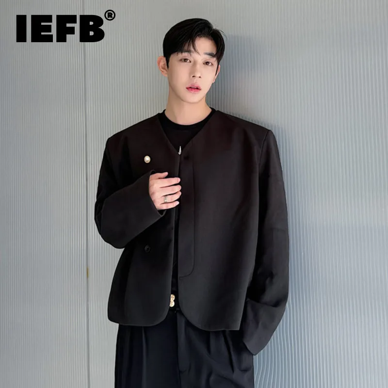 IEFB Simple Men's Jackets Chic Pearl Button Collarless Single Breasted Solid Color New Trendy Male Casual Coats Autumn 9C7941