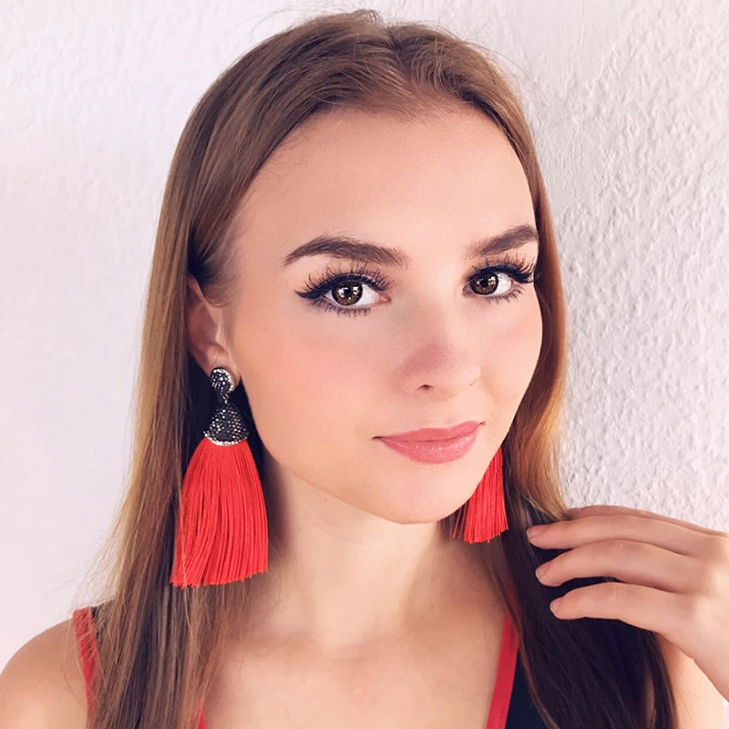 Women Bohemian Crystal Long Tassel Dangle Earrings For Girls Black Red White Silk Fabric Drop Earring Woman Accessories Jewelry