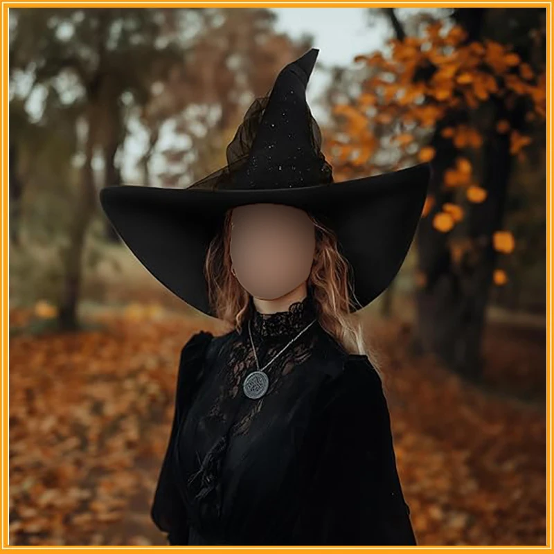 Black Tulle Witch Hat With Mesh 21 Inch Pleated Wizard Cap For Halloween Costume Party Cosplay Accessories Black