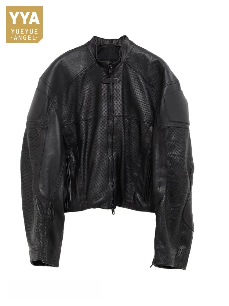 

Men Luxury Genuine Cow Leather Coats Zipper Stand Collar Biker Jackets Racing Suit Motorcycle Cowhide Jacket Fashion Riding Coat