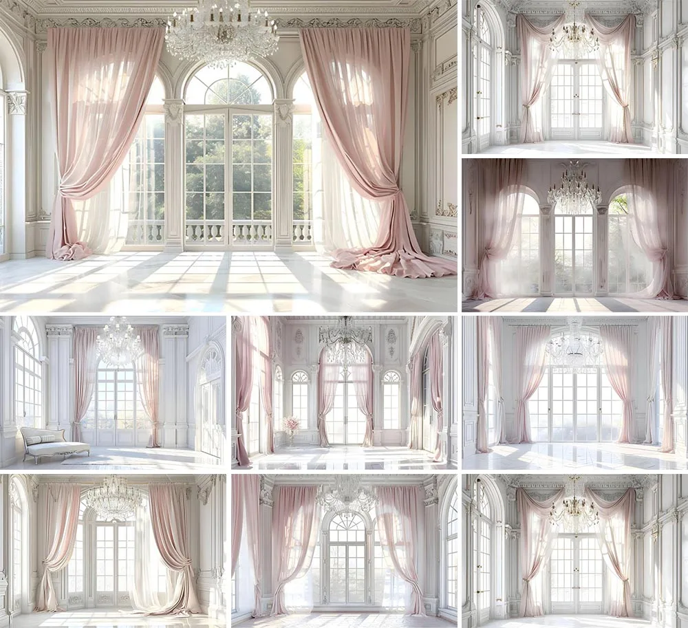 غرفة فاخرة واسعة أقواس الباروك أعمدة الخلفيات المدخل الروكوكو المنحوتات المعقدة خلفية صور الزفاف LK-01