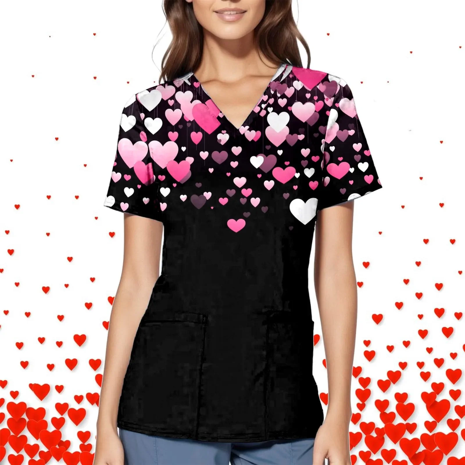 Valentine\'s Day Tunic Scrub Tops Women Print Nurses Uniform Overalls Pocket Shirt Nursing Medical Healthcare Scrubs Nurse Tops