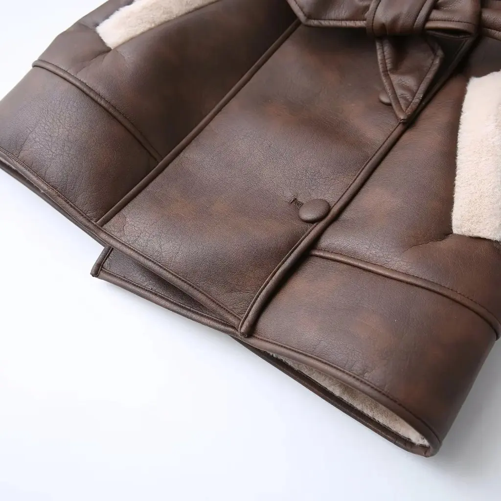 Veste en cuir de cachemire pour femmes, Style européen et américain, avec col en fourrure, ceinture Composite, mode Festival de printemps