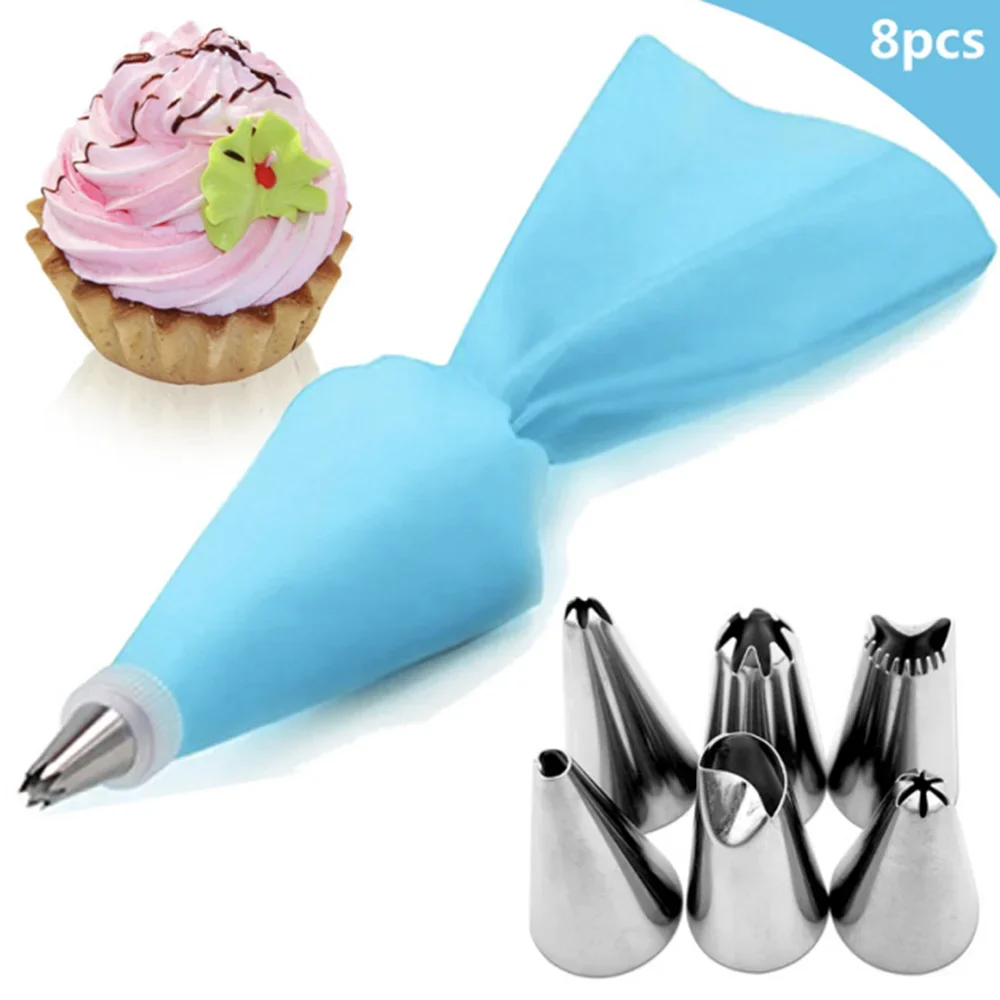 

8PCS/bag Silicone Icing Piping Cream Pastry Bag + 6 Stainless Steel Cake Nozzle DIY Cake Decorating Tips Pastry Tools Reusable