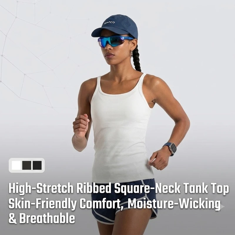 Women's High-Stretch Ribbed Square Neck Tank Top – Breathable & Moisture-Wicking Athletic Vest for Running, Yoga & Gym Workouts