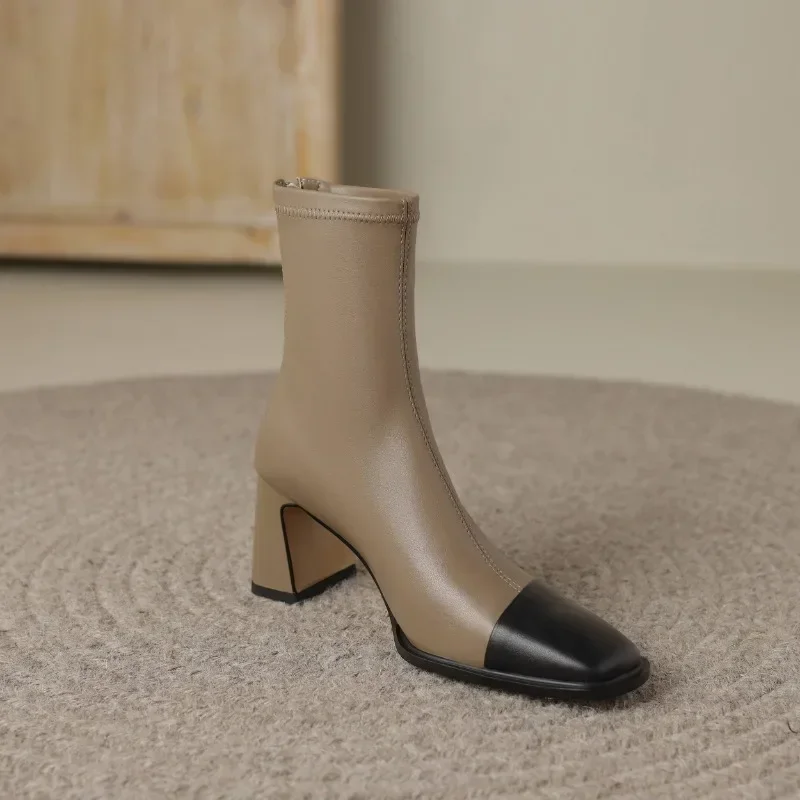 2023 New Style Sells Well  Leather Square Toe High Heels Fashion Modern  Boots All-match Mixed Color Maiden Elegant Ankle Boots