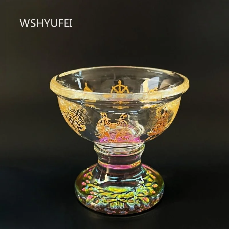 1pc Tibetan Crystal Offering Bowl with Eight Auspicious Symbols Gold Engraved Holy Water Cup for Buddha Altar Feng Shui Decor
