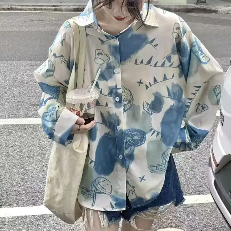 Damen-Graffiti-Hemd, Knopfleiste, Revers, Damenbluse, Frühling, Pendler, langärmelig, neue, schlanke und lockere, lässige, innovative Hemdoberteile