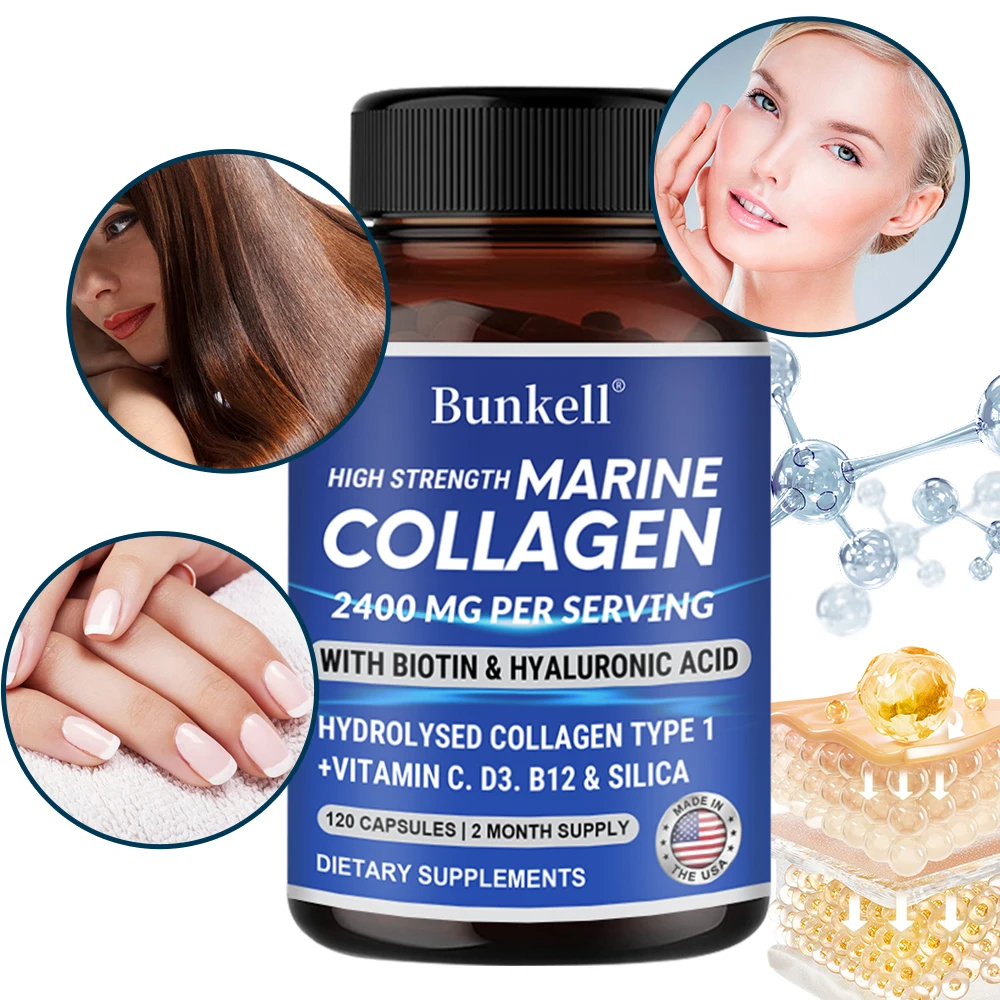 Hydrolyzed Marine Collagen Capsules - Biotin Hyaluronic Acid - Cartilage & Joint Health, Whitening Anti-Aging, Youthful Skin