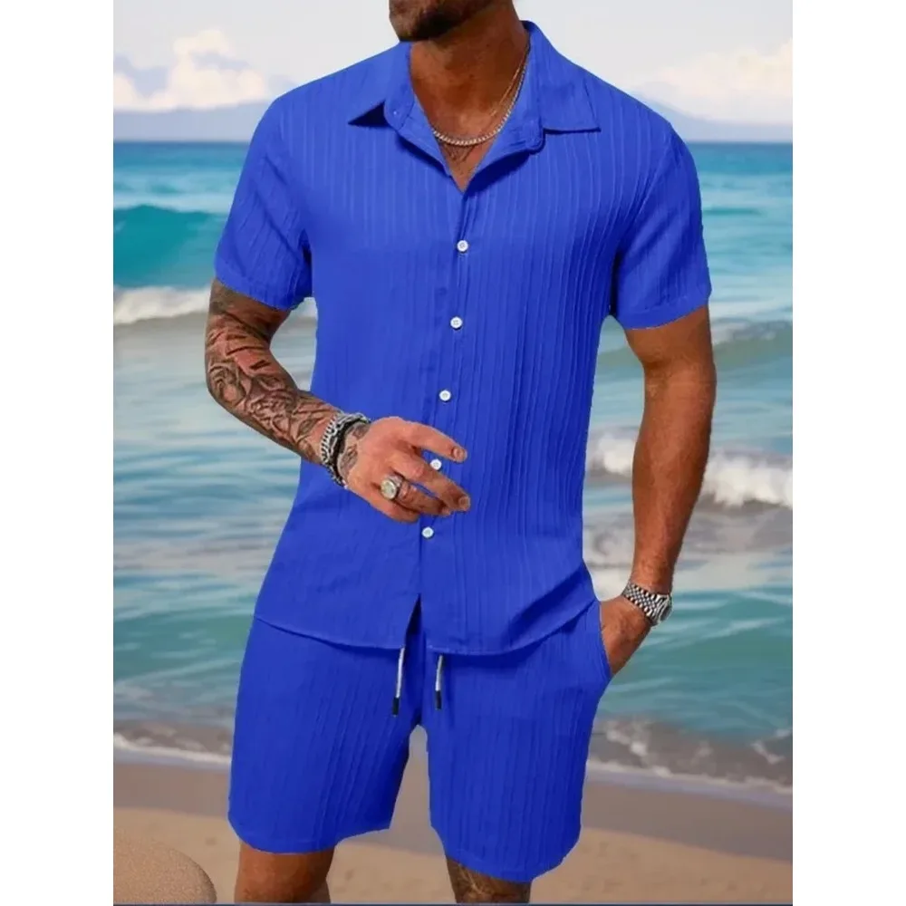 Men's Beach Suit Striped Solid Color Short Sleeve Shorts Shirt Sports Casual Breathable Lightweight High Quality Men's Wear Ins
