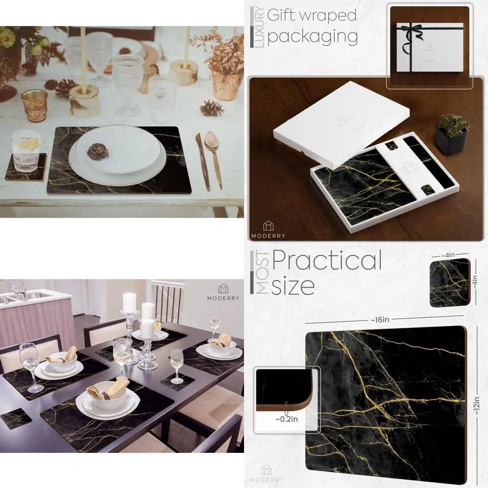 

Marble-Patterned Heat-Resistant Cork Placemats Set of 4 with 4 Drink Coasters, 16x12 Inches, Black & Gold