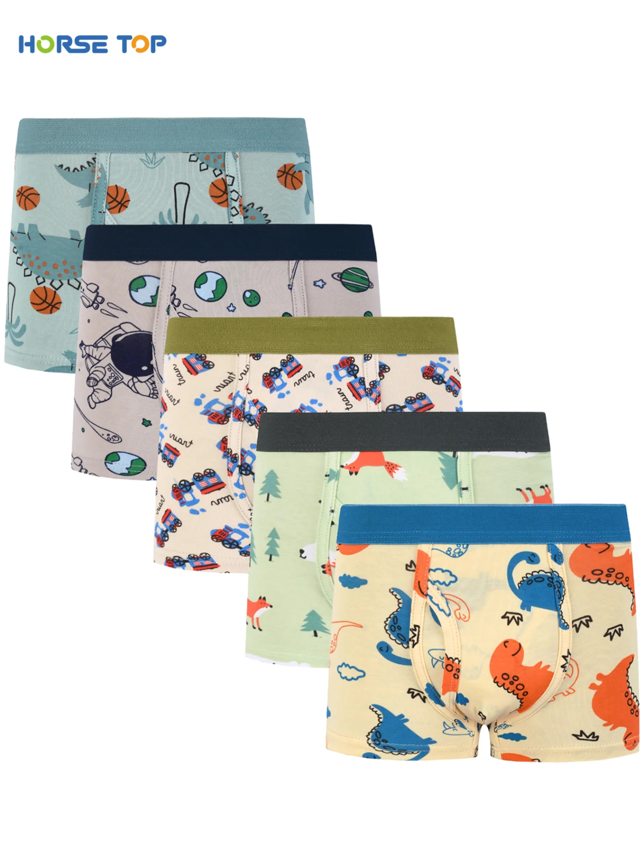 5-teilige Kinder-Boxershorts für den täglichen Gebrauch mit Cartoon-Designs von Dinosauriern, Füchsen, Astronauten und Basketbällen.