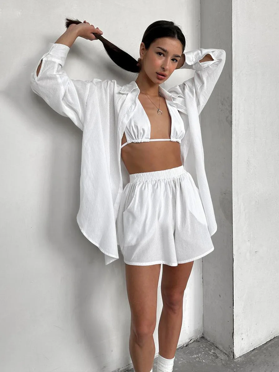 Blubelle 100% ropa interior de algodón, pantalones cortos, camisa, conjunto de 3 piezas, primavera 2025, nuevo pijama suelto blanco para mujer, conjunto de ropa holgada para el hogar