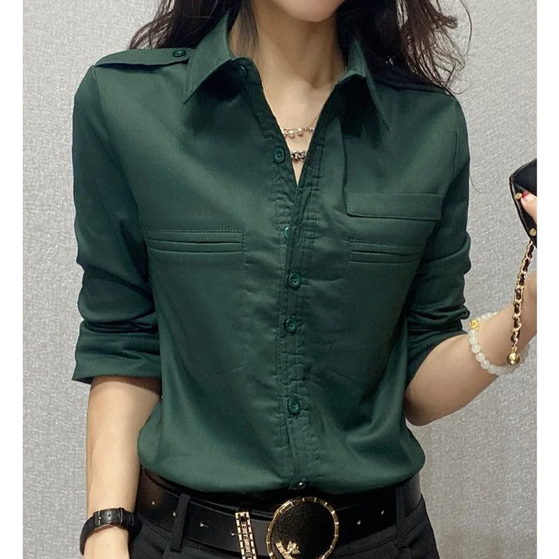 Office Lady Turn-down Collar Long Sleeve Blouse Spring Autumn Women\'s Clothing Solid Color Pockets Single Breasted Slim Shirt