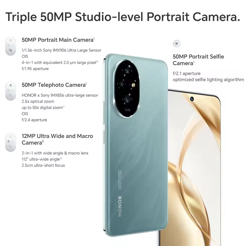 Yeni Orijinal Küresel Sürüm Huawei Honor 200 Snapdragon 7 Gen 3 6.7'' 2664*1200 AMOLED 50MP*2+2MP 51000mAh 100W NFC HONOR