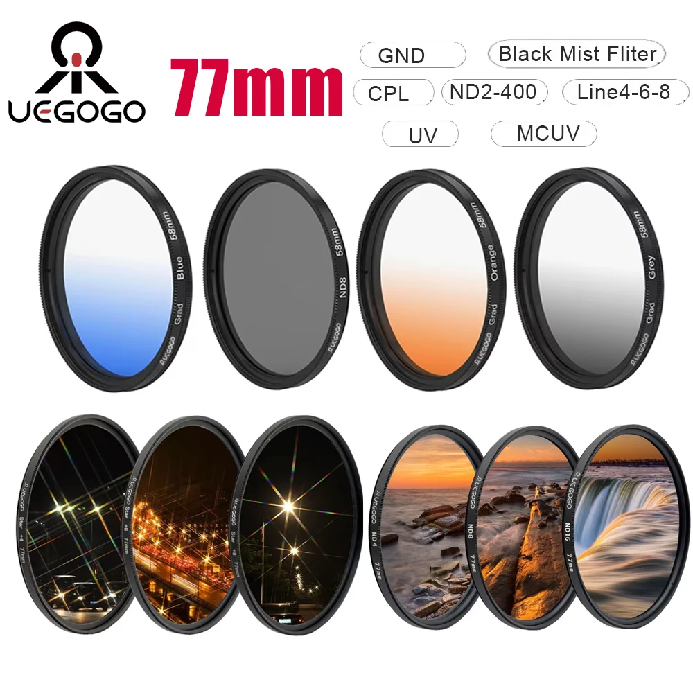 UEGOGO 77mm Filter Gradient GND Red GrEy CPL/UV/MCUV ND2-400/Soft Focus Black Mist Diffusion Star Line 4 6 8 Camera Lens Filter