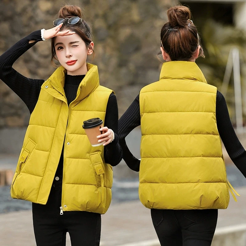 

Новый зимний пуховый хлопковый женский жилет, пальто с коротким воротником-стойкой, универсальные теплые парки без рукавов, женская верхняя одежда, топы