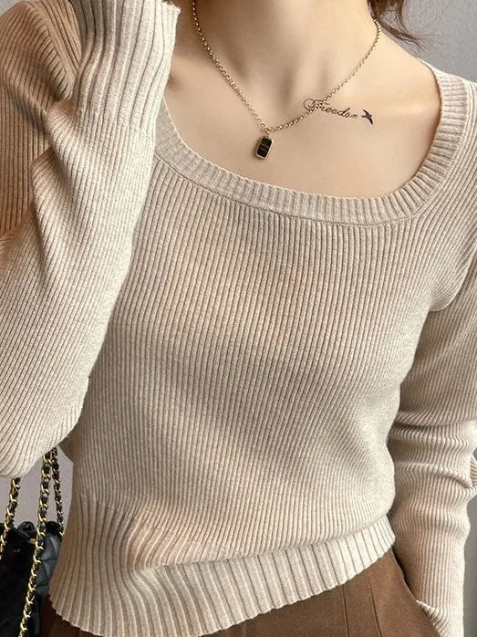 

Однотонный облегающий квадратный вырез на груди, женский уличный стиль, трикотажный, удлиненный, с декоративным элементом на лифе