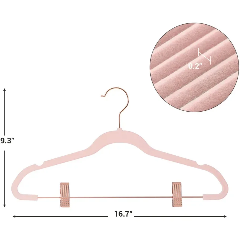 10Pcs Flocked Hangers with Rose Gold Metal Clips - Multifunctional Home Organization Non-Slip Velvet Pants and Skirt Hangers