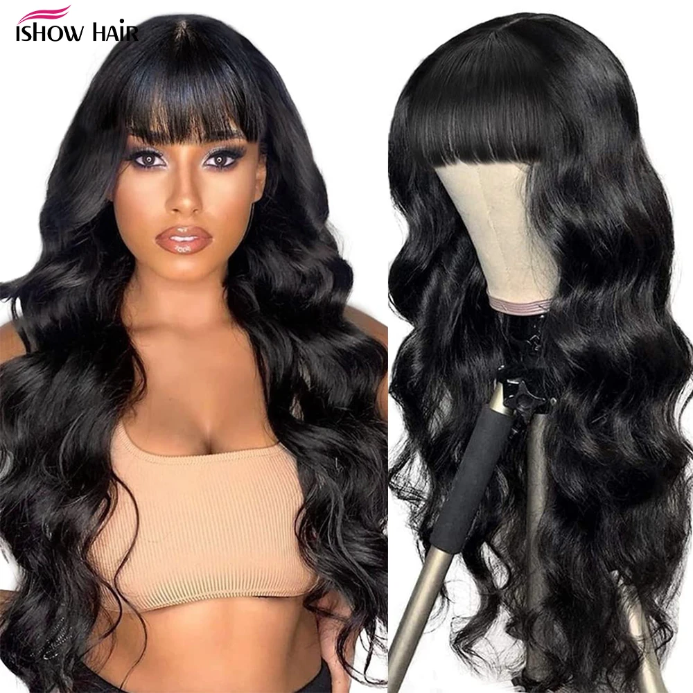 Ishow شعر مستعار مموج مع بانج آلة كاملة صنع خصلات الشعر المستعار الإنسان رخيصة غلويليس الباروكات 100% خصلات الشعر المستعار الإنسان البرازيلي للنساء