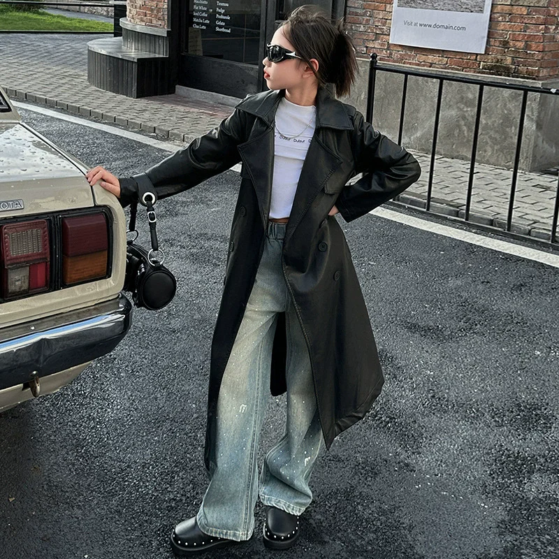 الخريف الشتاء في سن المراهقة الفتيات بولي Double مزدوجة الصدر خندق معطف الأطفال ملابس دراجة نارية ارتداء سترة جلدية 4 6 8 10 12 14 سنة #4