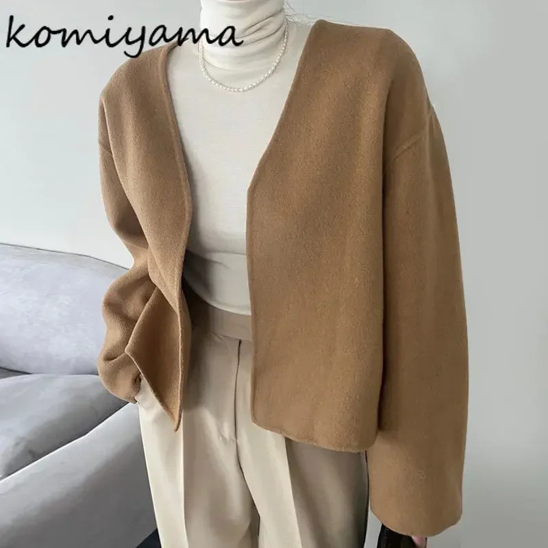 Komiyama Fashion Simple Jackets V Neck Long Sleeve Coats Minimalist Spring Winter Clothes Women Solid All Match Workwear