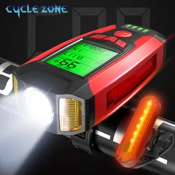 5 In 1 luce per bici ricarica USB luce per bicicletta con Computer da bicicletta tachimetro LCD contachilometri impermeabile 5 modalità lampada da ciclismo a tromba