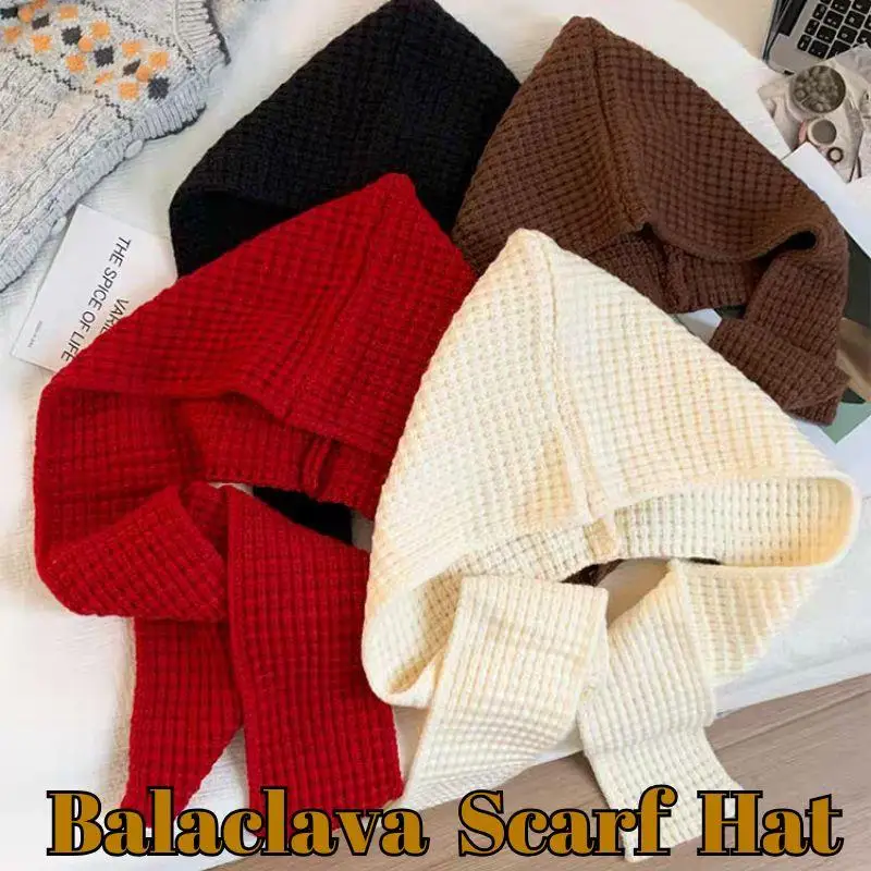 Winter Knitted Balaclava Hood For Women Solid Color Warm Beanies One-Piece Scarf Woolen Cap Outdoor Windproof Ear Protection Cap