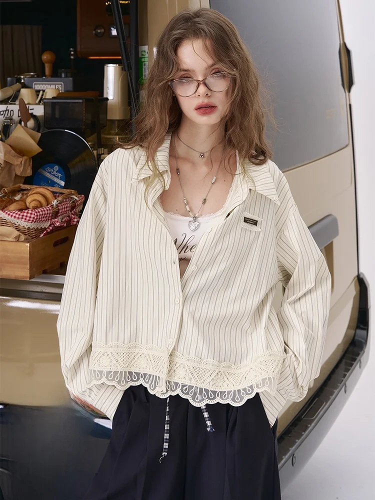 

Elegant Women's Collar Striped Lace Shirt Office Wear Early Spring Fashion Casual Style Long Sleeve Loose Fit Polyester