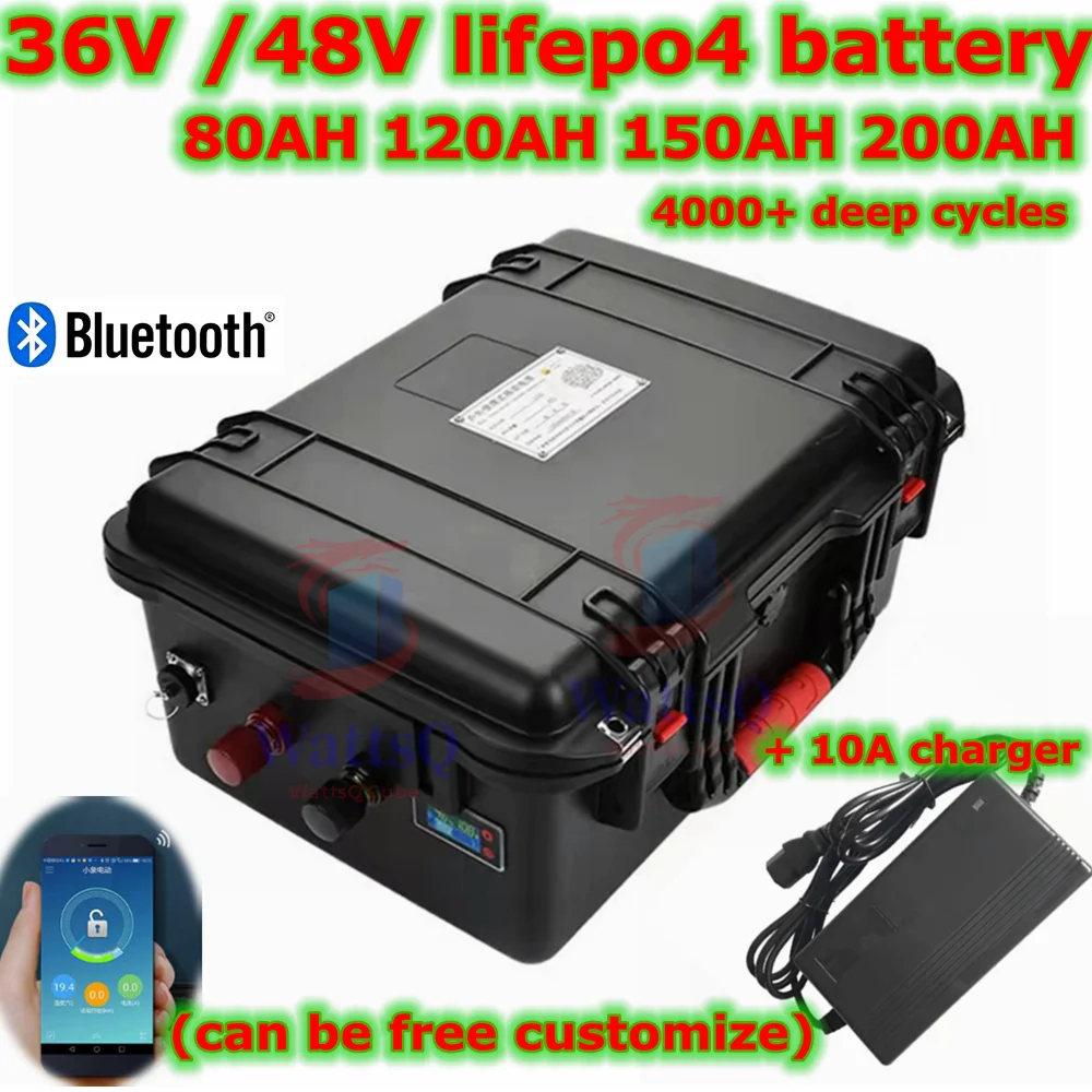 

waterproof 48V 100Ah 200Ah 36V 100AH 150Ah lifepo4 lithium battery bluetooth APP for 5000w golf cart Tricycle + 10A charger