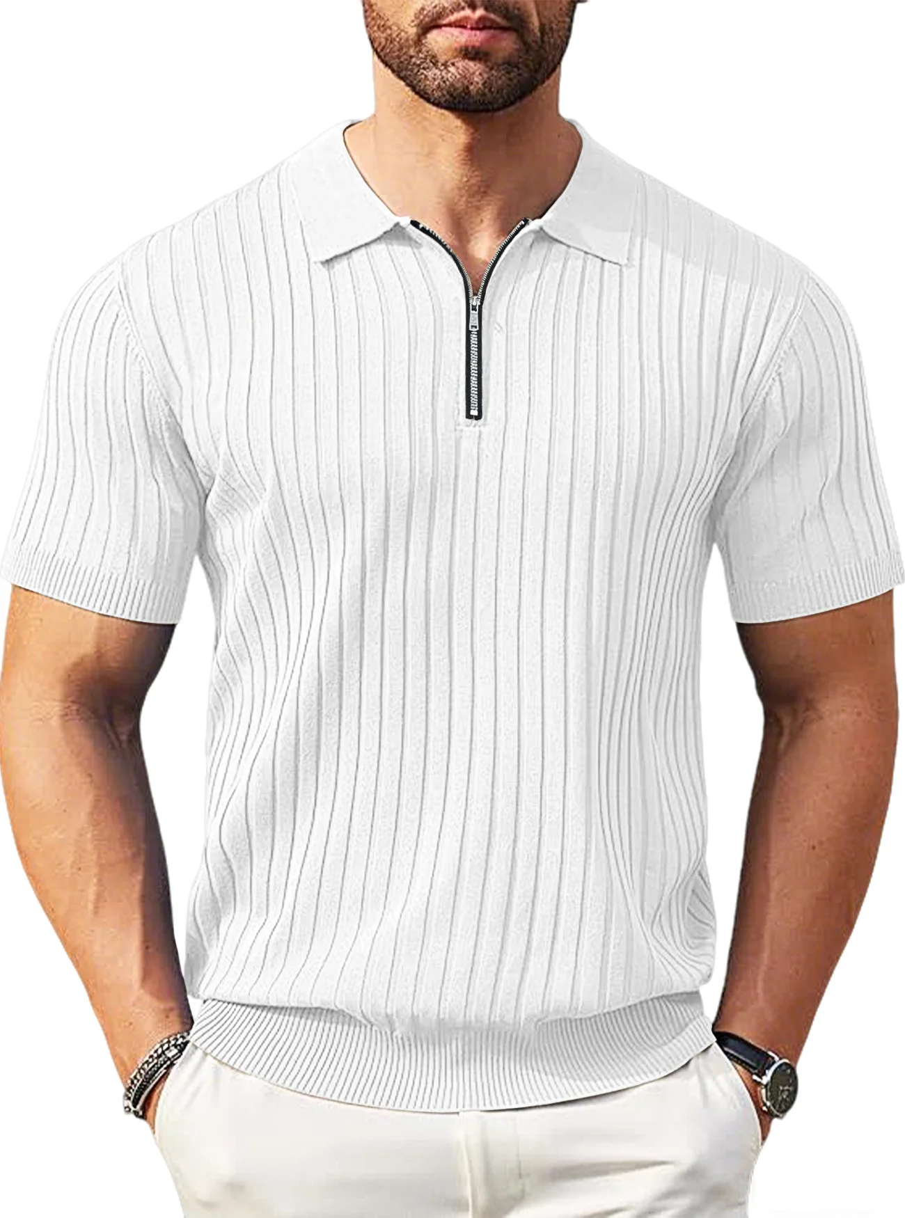 Herren Sommer Vertikalstreifen Henley-Neck Halb-Reißverschluss Poloshirt Atmungsaktiv Hochelastisch Lässiges Kurzarm-Oberteil für den Alltag