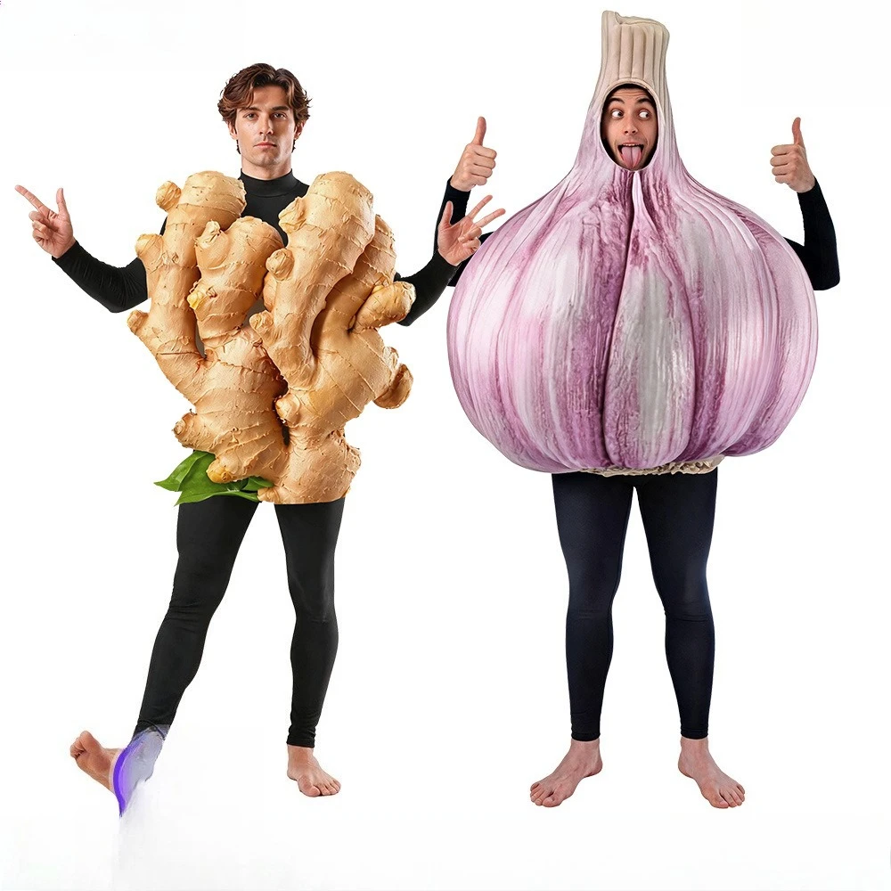 Divertido Disfraz de Jengibre y Ajo en 3D, Disfraz de Vegetal para Halloween, Carnaval y Fiestas