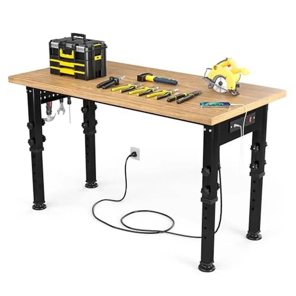 Adjustable Garage Workbench with Power Strip & Pegboard Heavy-Duty 2000 lbs Load 48 Inch Wood Top