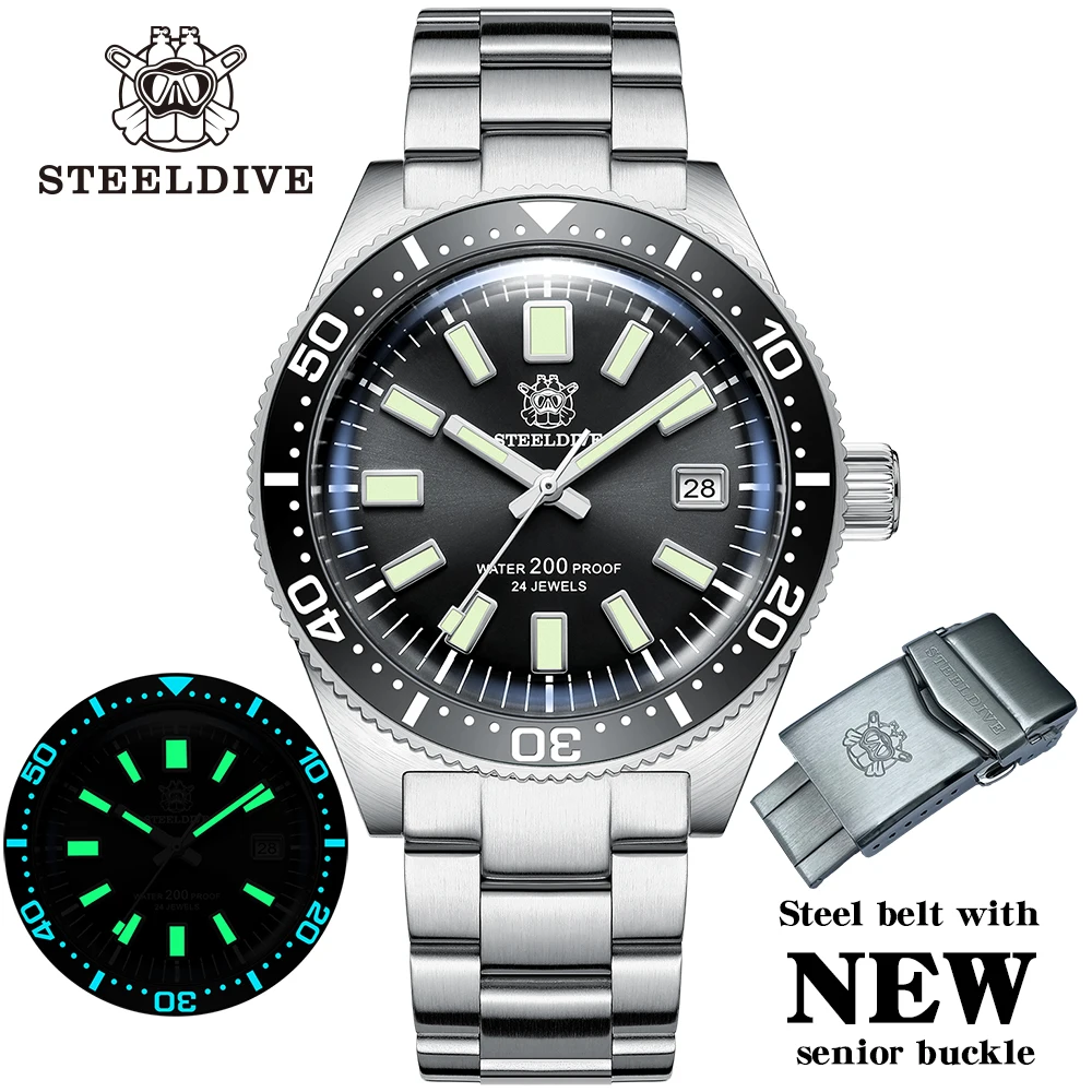 STEELDIVE Men\'s Automatic Mechanical Watch SD1962 Pot Lid Sapphire Crystal Japan NH35 Movement 200M Waterproof Dive Wristwatch