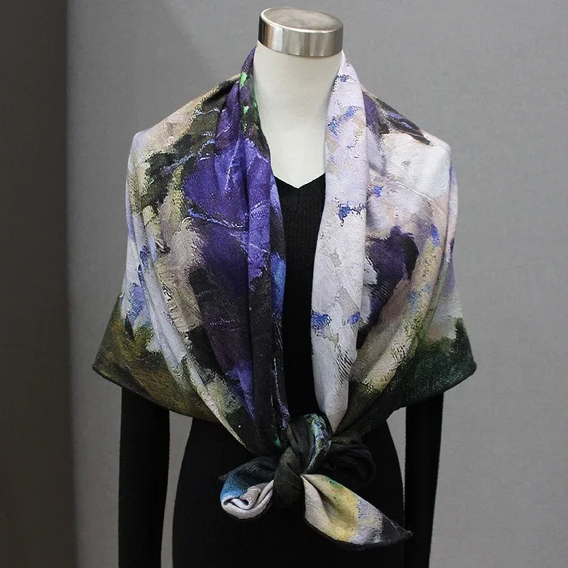 High-end Elegant Women\'s Oil Painting Potted Flower Double-sided Print Quality Silk Wool Hand-rolled Edge Warm Large Scarf Shawl