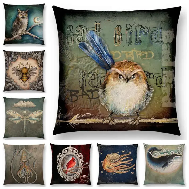 Classic Retro Magical Animals Sofa Throw Pillow Case  Blue Whale Owl Bat Bee Octopus Vintage Cushion Cover