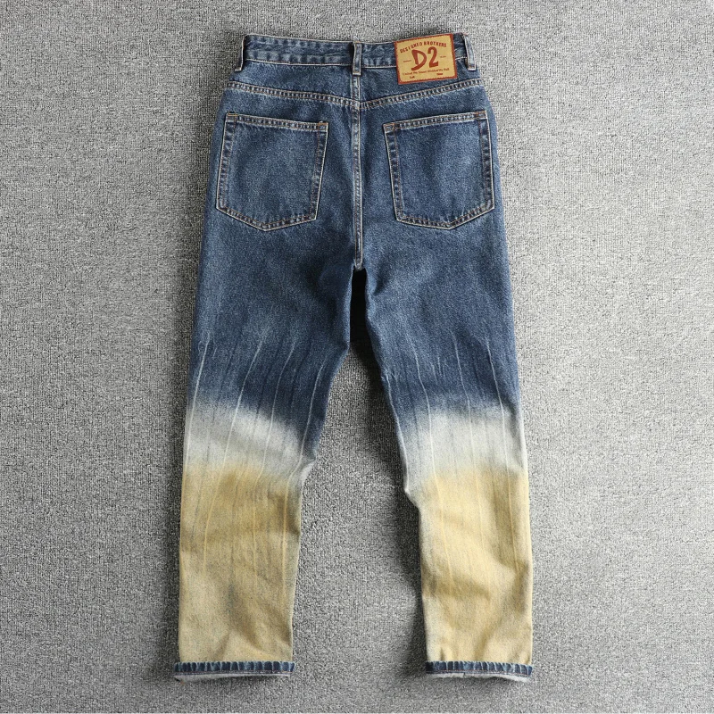 Patchwork Fashion Tie-Dye Jeans for Men Trendy Design Loose Straight American High Street Retro Nostalgic Autumn Long Pants