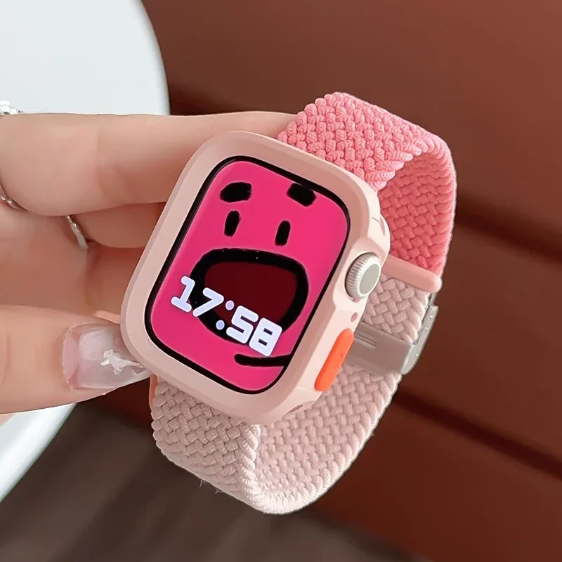 Capa de silicone doce + pulseira para apple watch série 10 46mm 9 8 7 45mm 41mm banda se 6 5 4 44mm 40mm pulseira de nylon iwatch ultra 2 49mm