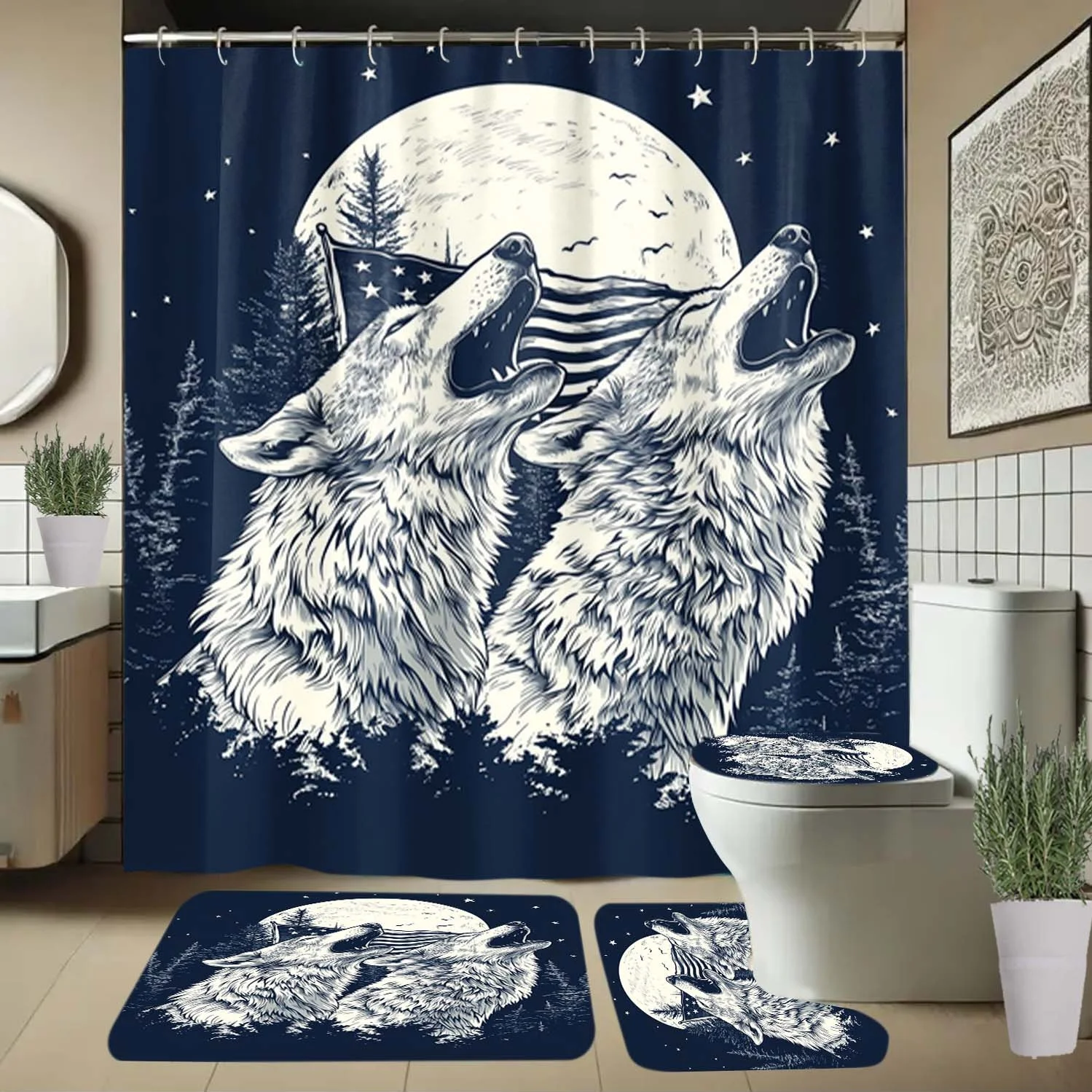

4 шт., занавеска для душа с рисунком волка, луны, флага и крючками, занавеска для перегородки ванной комнаты, аксессуары для ванной комнаты, домашний декор