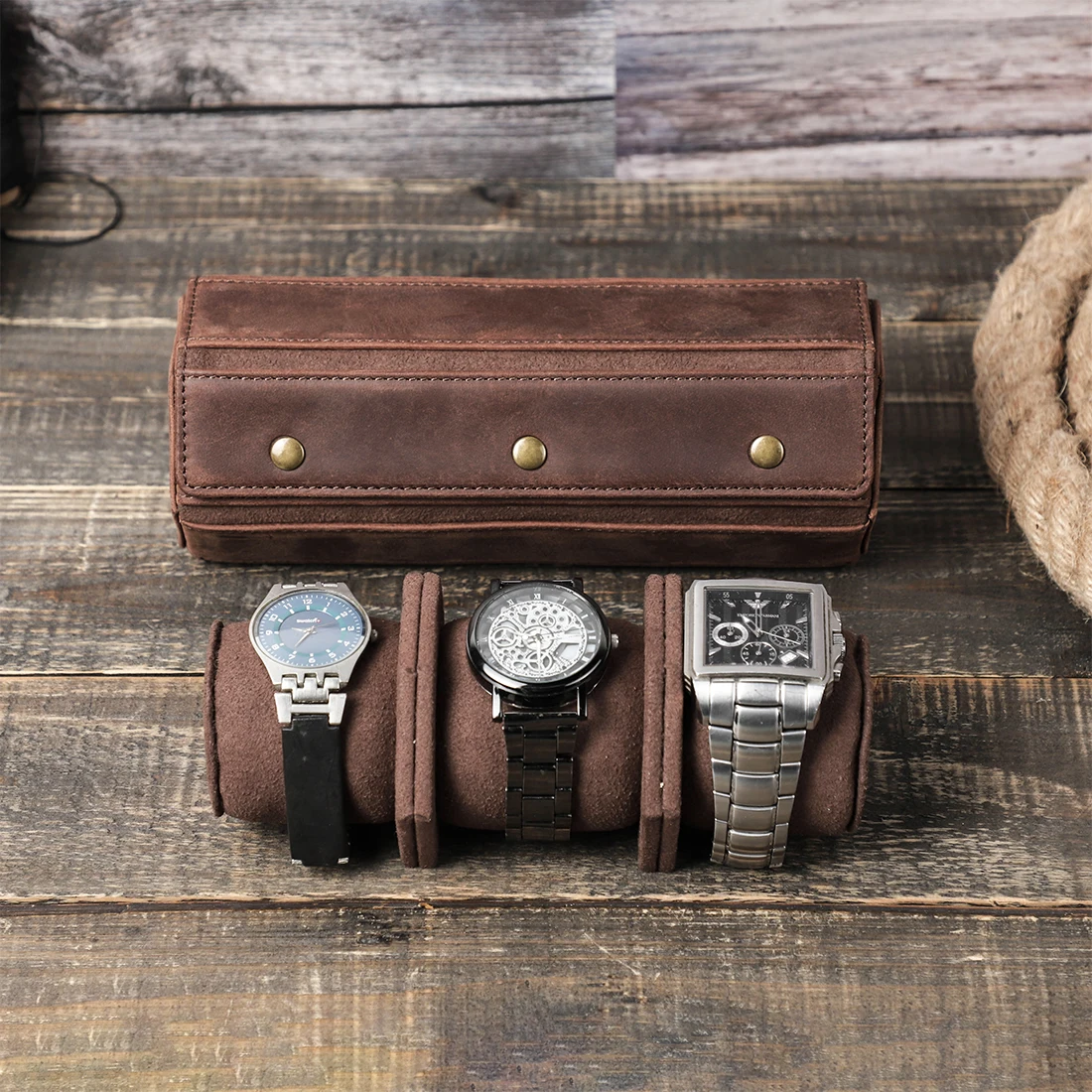 CONTACT'S FAMILY Retro Leather 3 Slots Watch Roll Retro Travel Case Chic Portable Display Jewelry Bracelet Storage Box Organizer