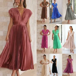 Women's S-XL Size New sexy pleated dress from Europe and America for spring and summer INS casual loose zippered sleeveless