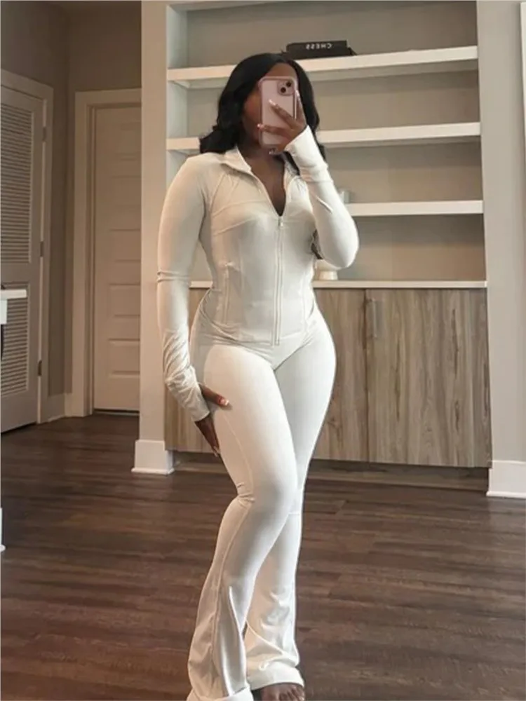 

Elegant Slim Two Piece Set Fashion Flared Pants Outfit Spring Autumn Long Sleeve Zipper Coat Tracksuits Sets Casual 2 Piece Suit