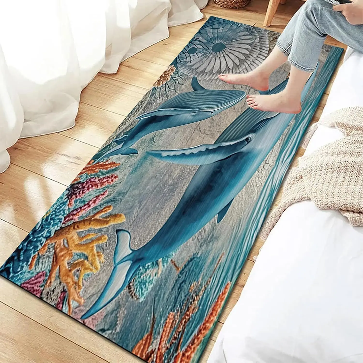 

3D Ocean Animal Pattern Long Washable Rugs,Coastal Cartoon Double-Headed Whales Carpet Runners,Non Slip Ocean Animal Theme