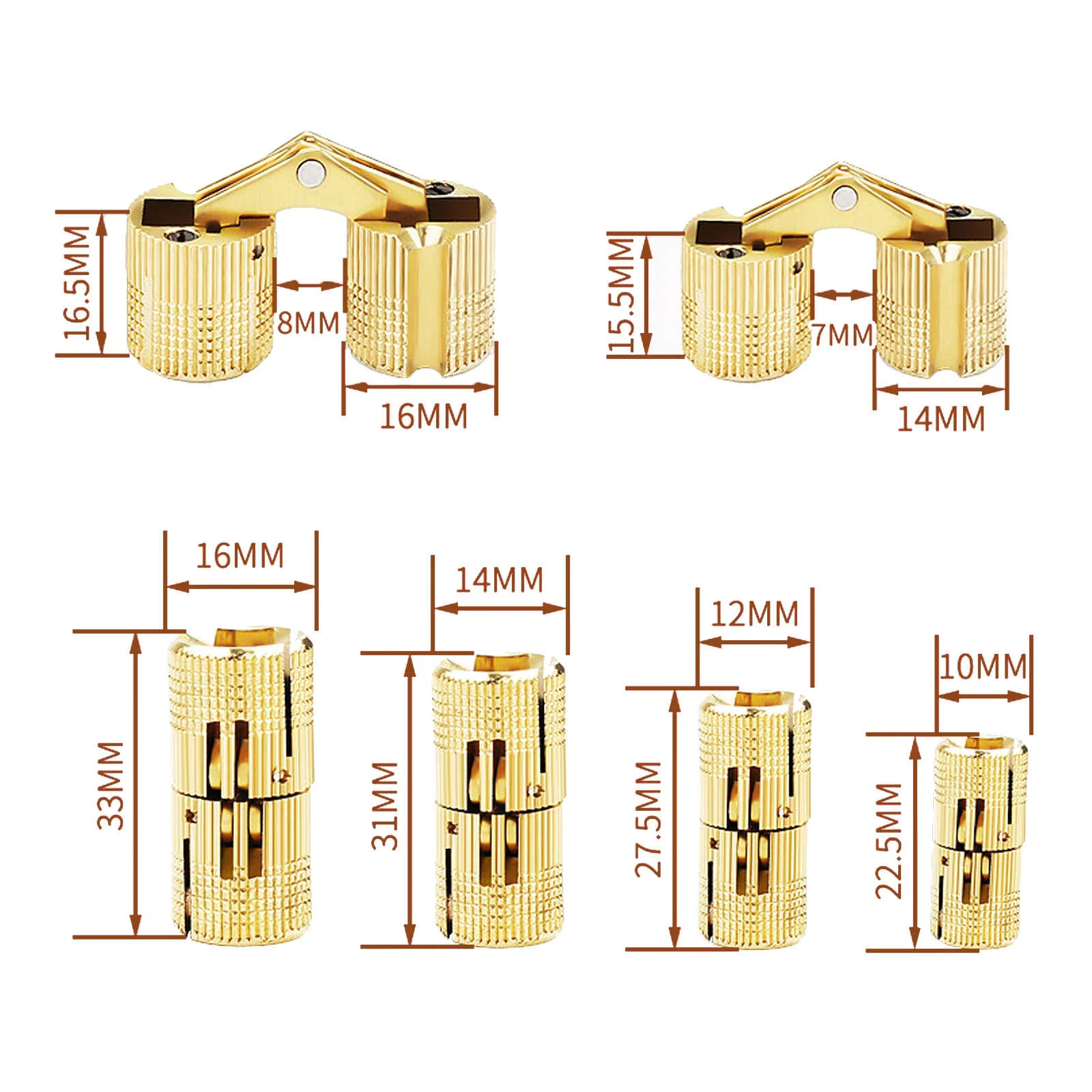 2pcs Copper Barrel Hinges Cylindrical Hidden Cabinet Invisible Brass Chest Door Gift Box Wine Case Hinge 8/10/12/14/16mm Drum