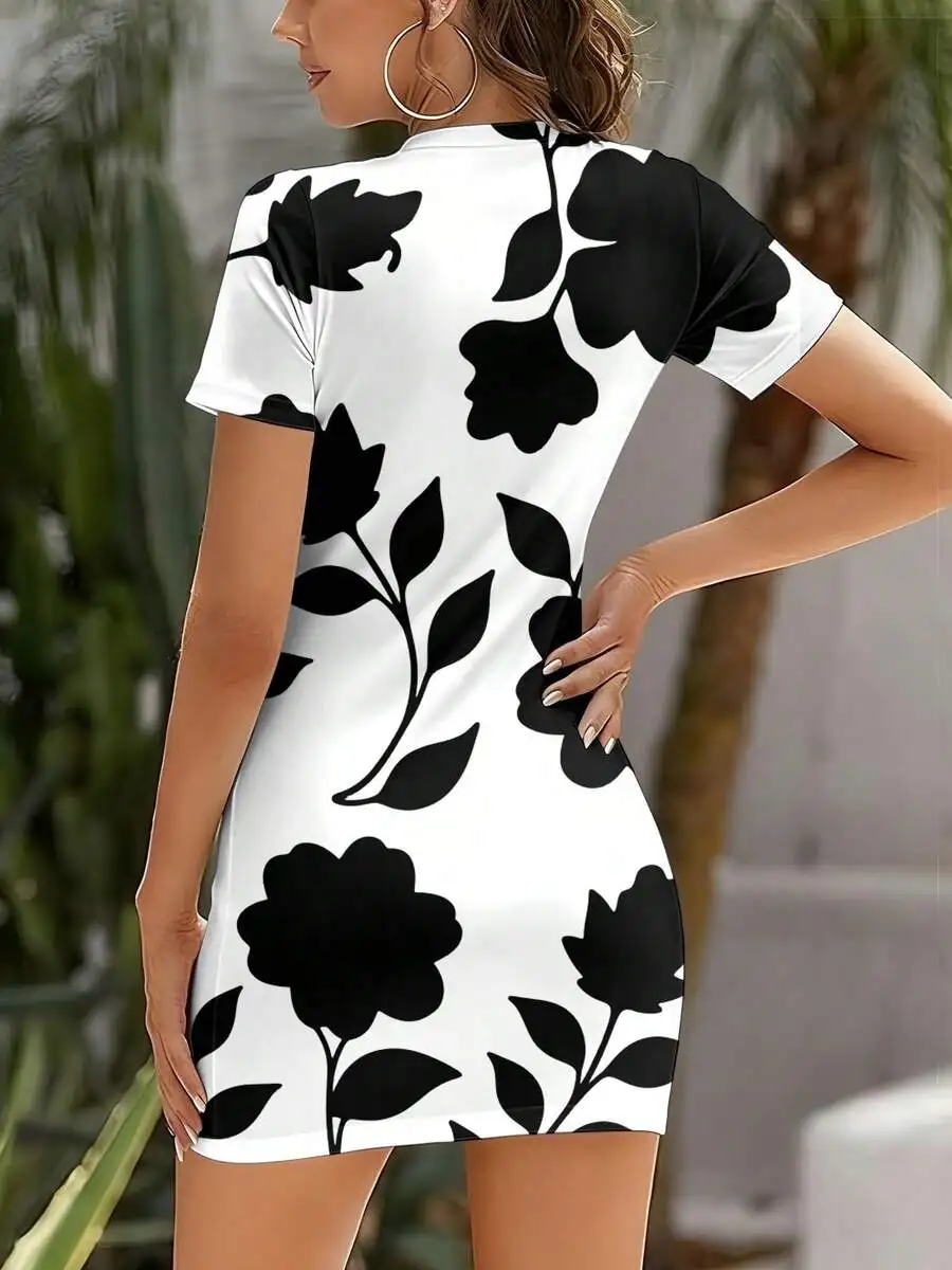 

Casual Summer Women Short Sleeve Fitted Dress Black White Floral Print Round Neck Mini Dress